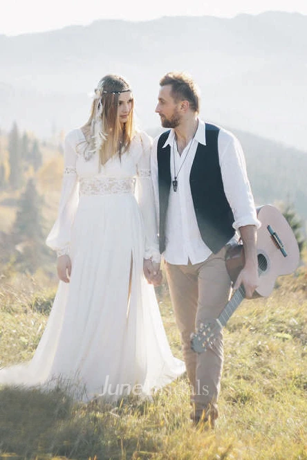Chiffon Poet Long Sleeve Bohemian Plunging Wedding Dress With Lace Details And Front Split