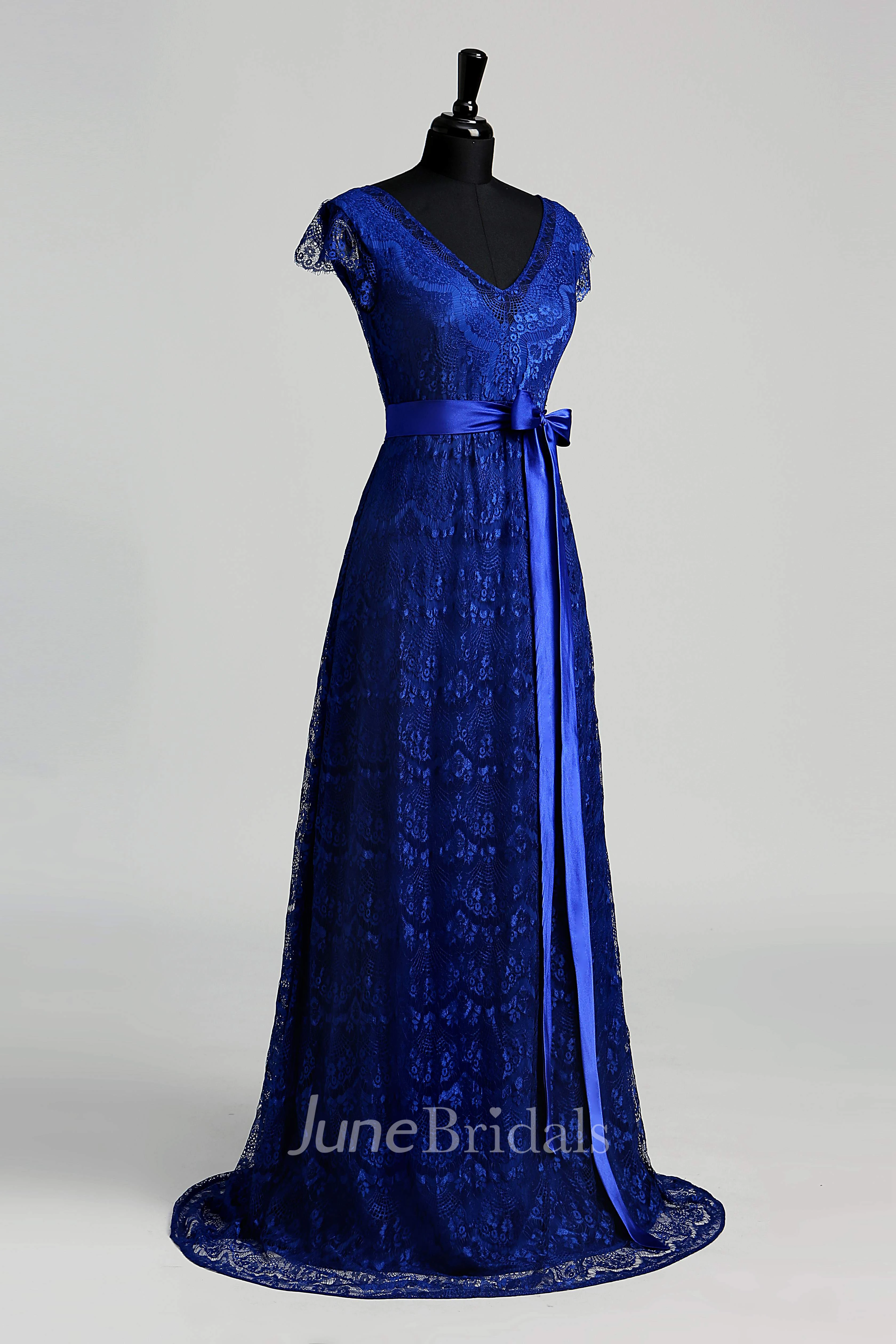 Floor-length A-line V-neck Cap Short Sleeve Low-V Back Lace Dress with Sweep/Brush Train