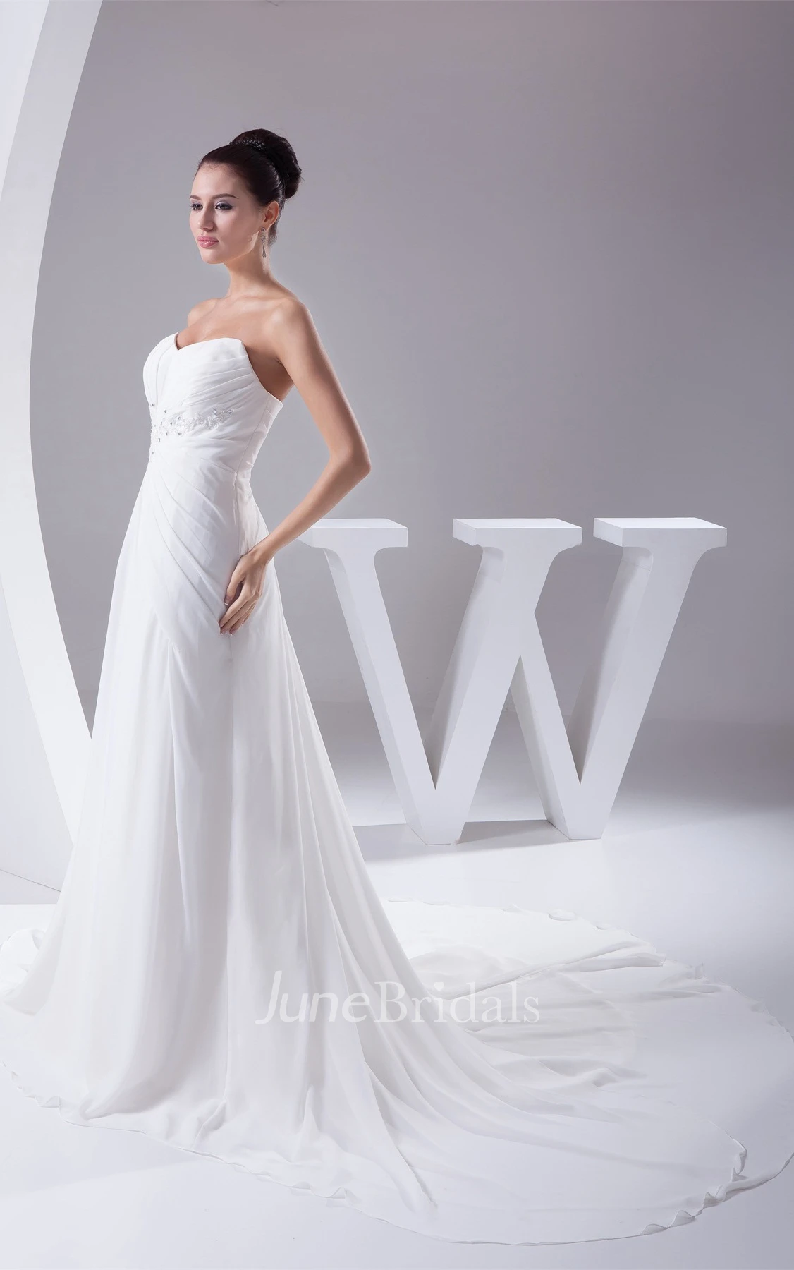 Strapless Chiffon Pleated Maxi Dress with Beading and Central Ruching