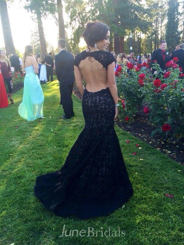 Modern Lace Black Mermaid Prom Dress Sweep Train Cap Sleeve