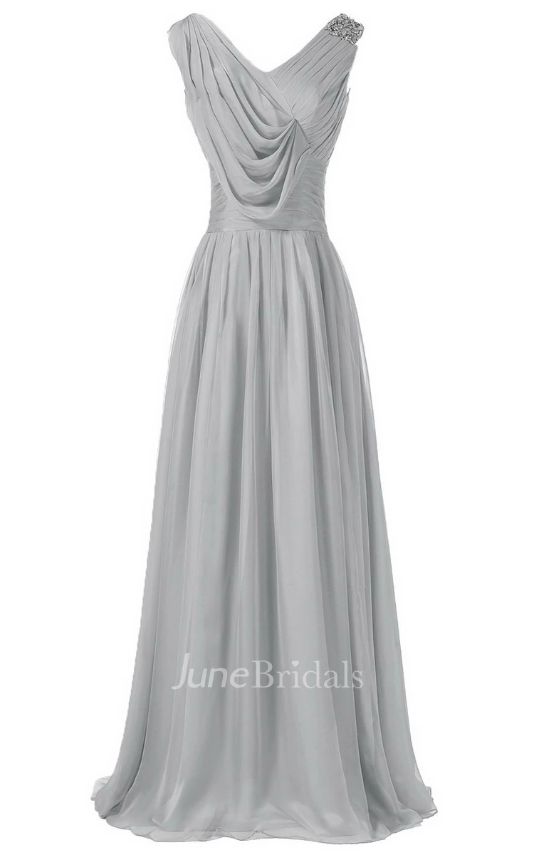 Sleeveless V-neck Long Dress With Draped Bodice