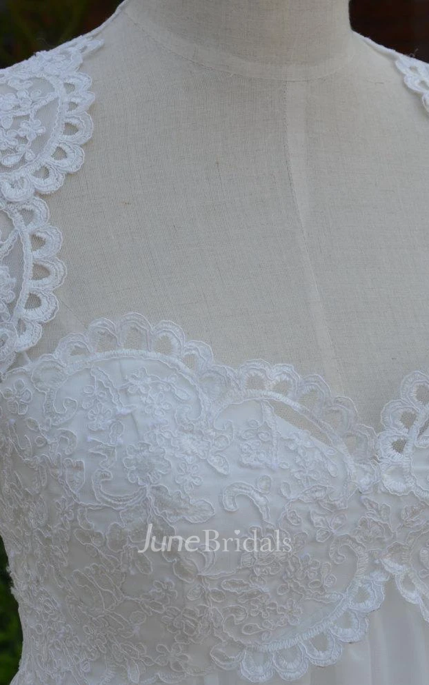 Queen Anne Cap Long Chiffon Wedding Dress With Pleats And Keyhole Back