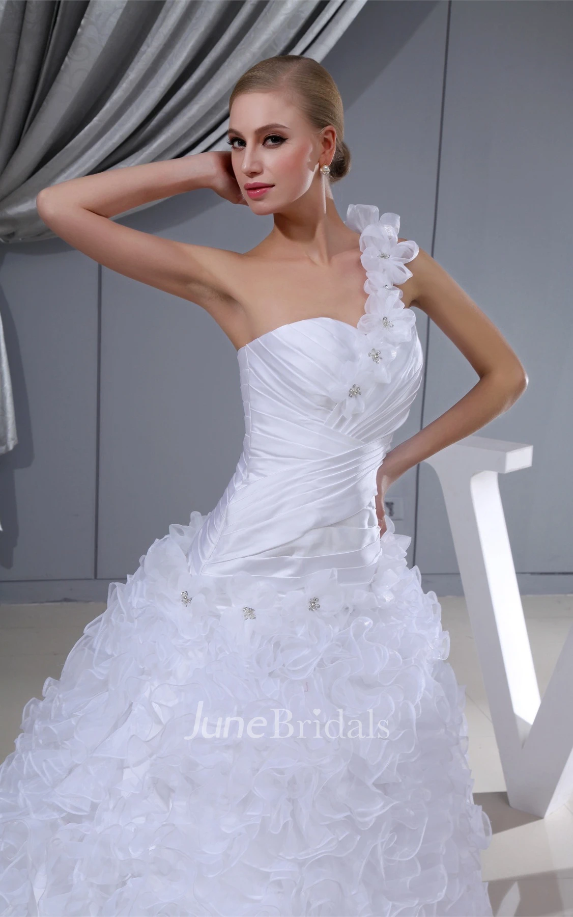 Sleeveless Ruched Ball Gown with Ruffles and Floral Strap