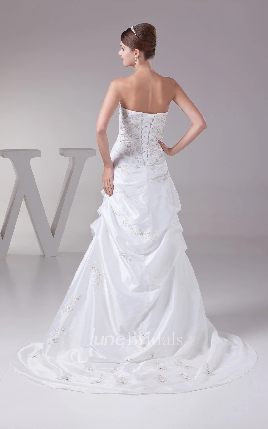 Strapless Embroidered Pick-Up Gown with Corset Back and Brush Train
