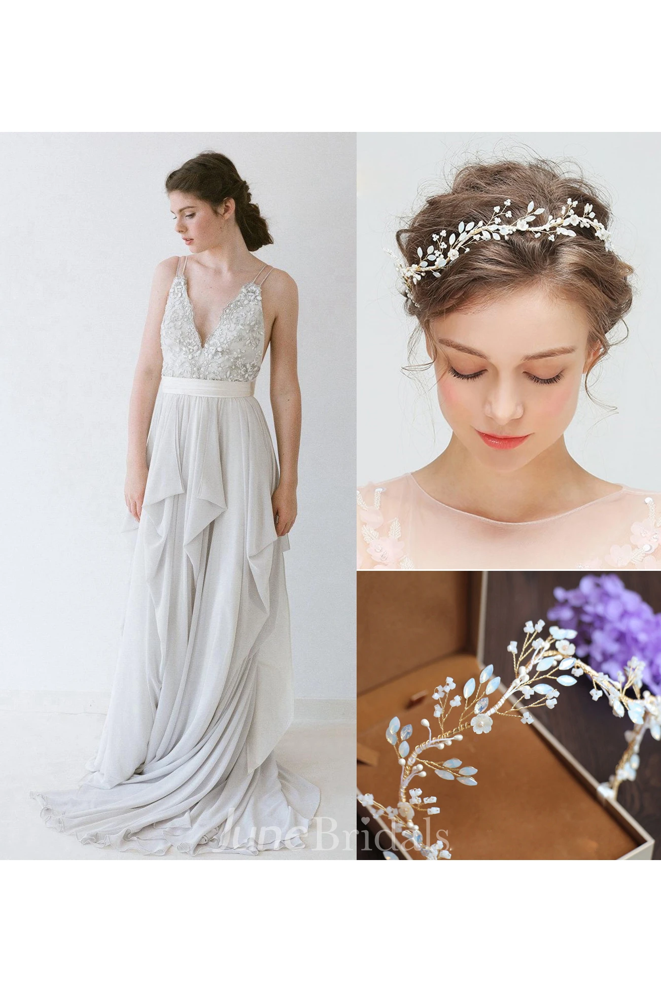 Romantic Double Strap Long A-Line Chiffon Wedding Dress and Shell Flower White Rhinestone Hair Band Ear Clip Set