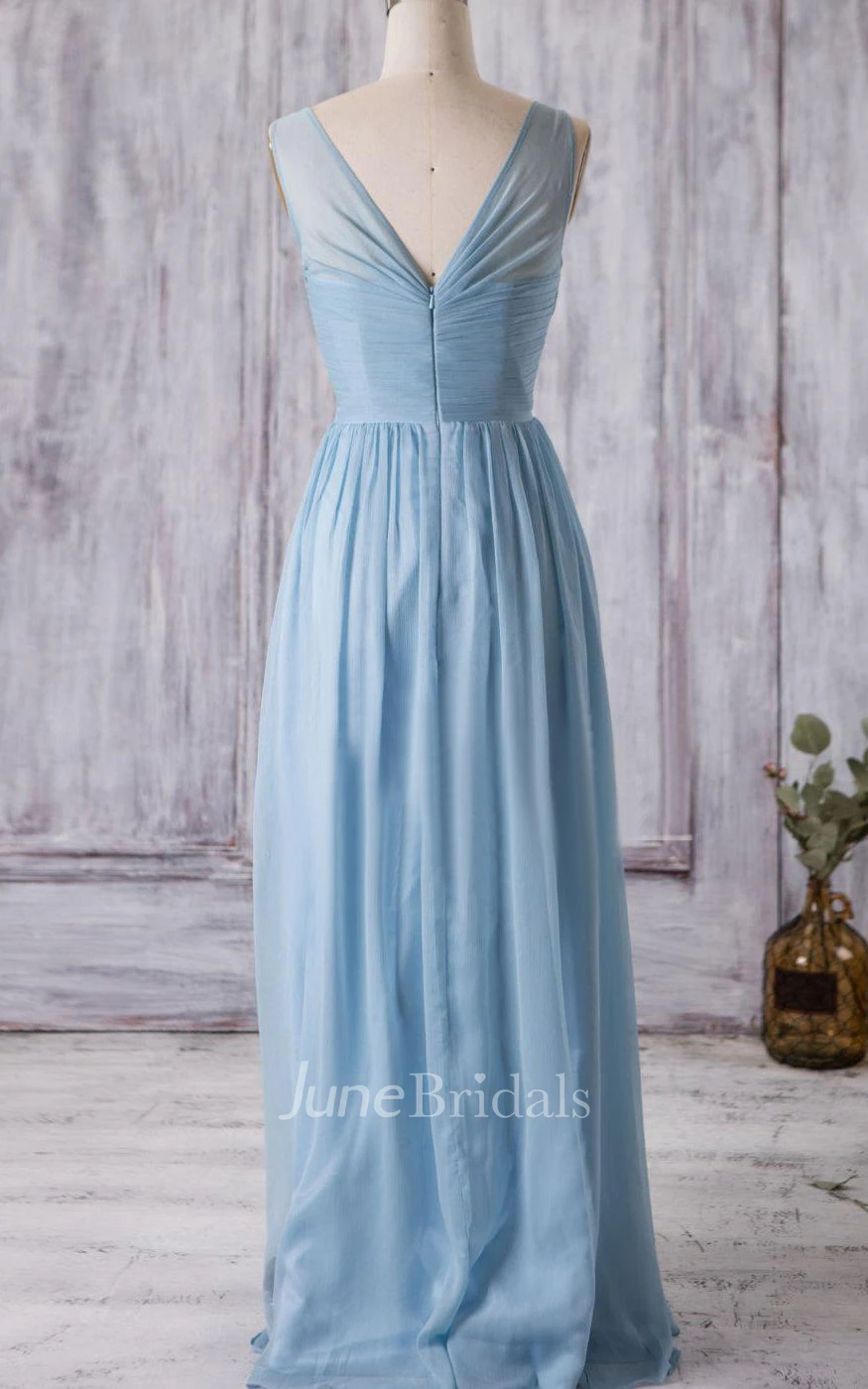 V Neck A-line Pleated Chiffon Floor Length Dress With Bandage