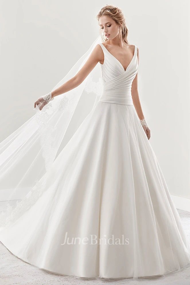 V-Neck A-Line Pleated Bridal Gown With Low-V Back And Brush Train