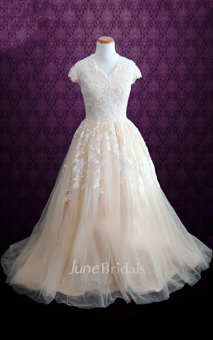 Ball Gown Cap Sleeve Tulle Lace Satin Weddig Dress