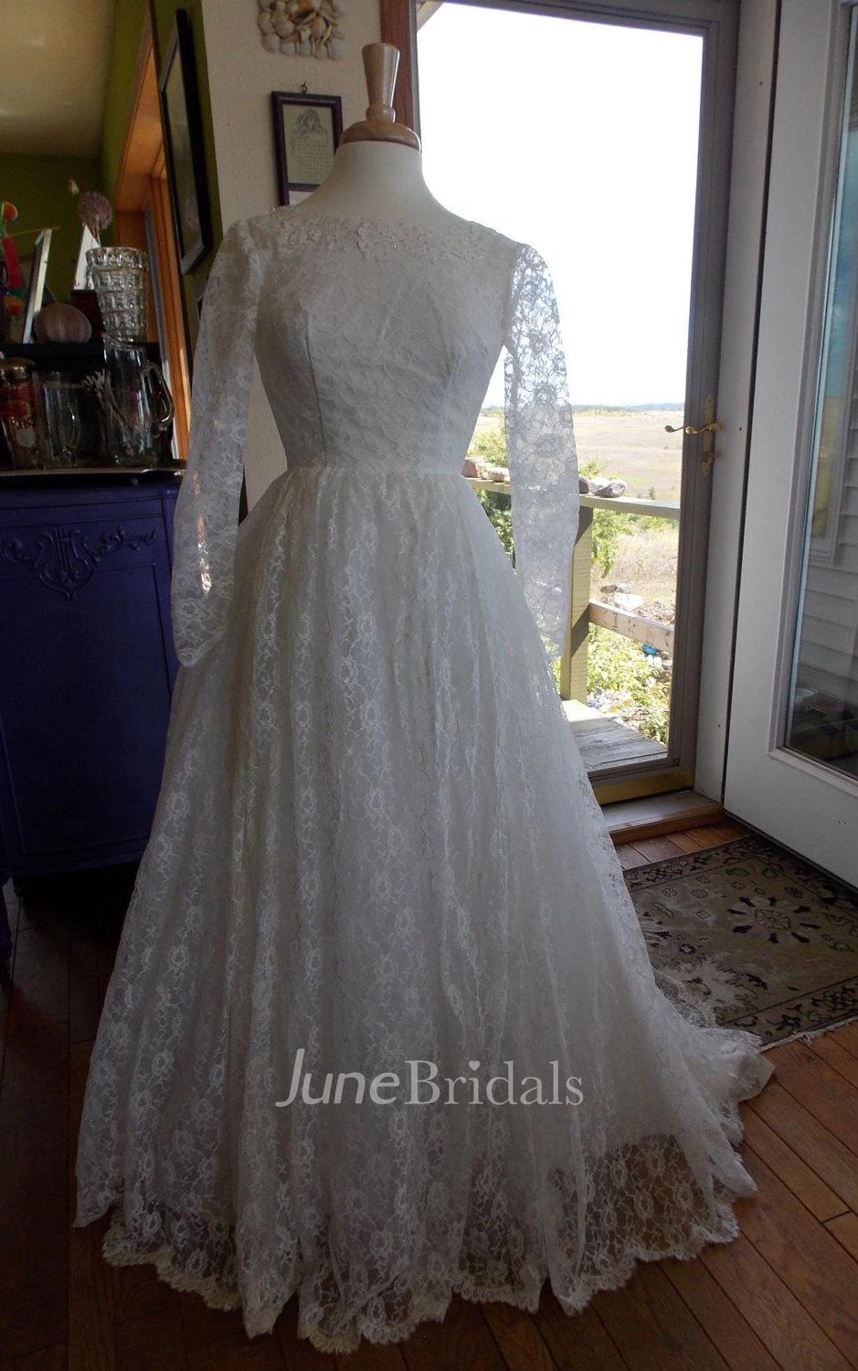 Jewel Long Lace Wedding Dress With Beading And Long Illusion Sleeve