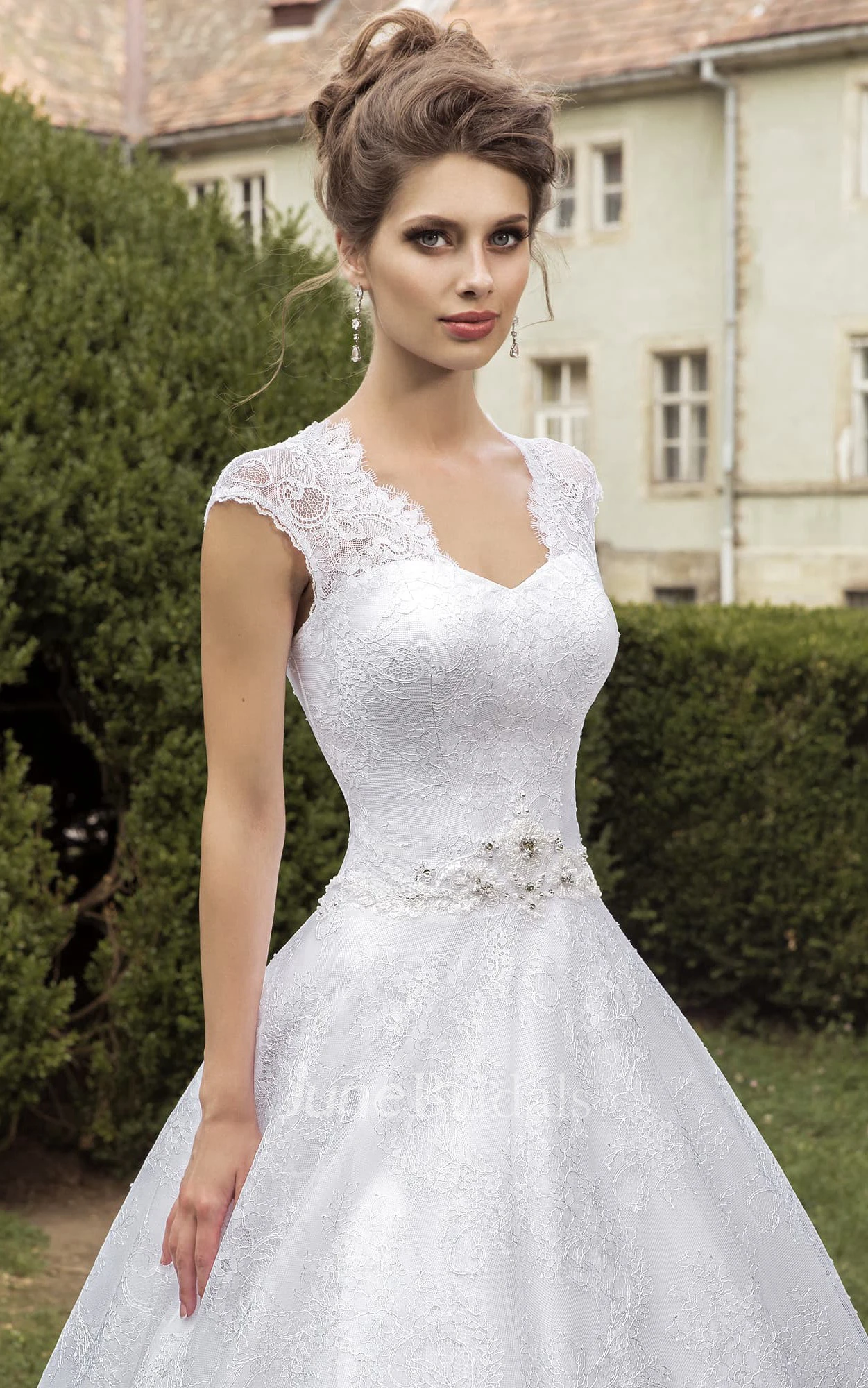 A-line  V-neck Keyhole Back Lace Dress With Crystal Detailing 