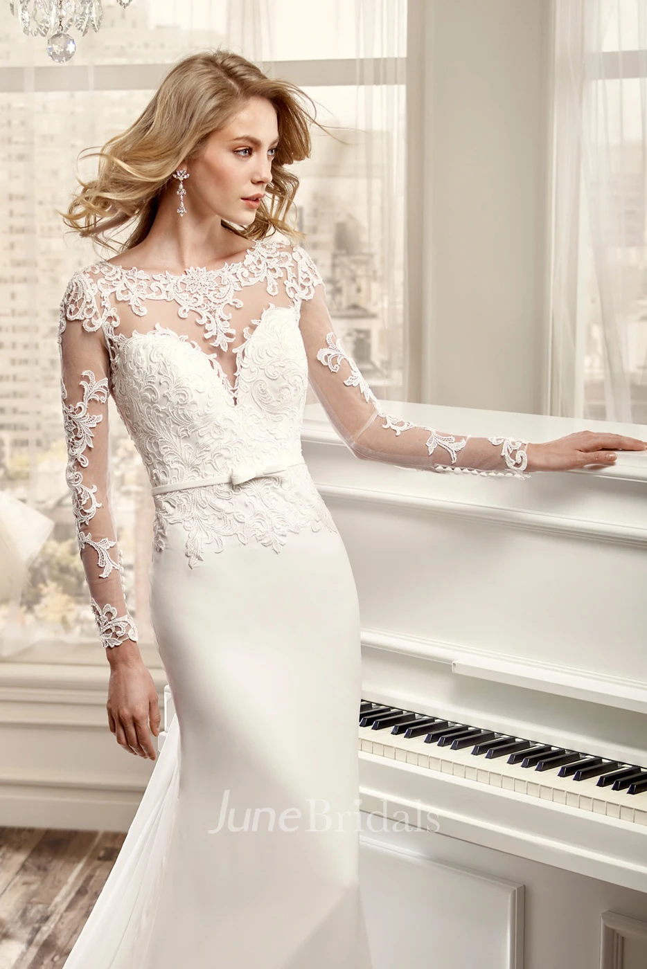 Long-Sleeve Sheath Wedding Dress With Brush Train And Back Draping