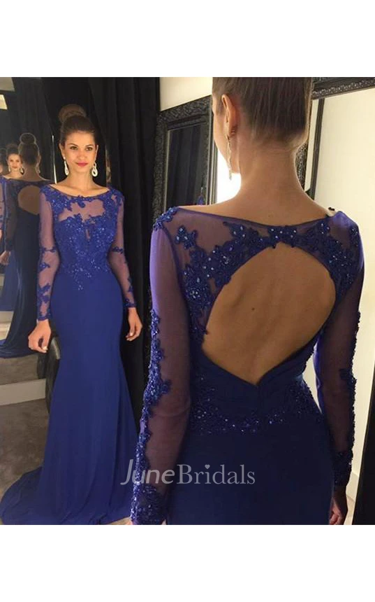 Elegant Lace Appliques Sequined Evening Dress Mermaid Long Sleeve