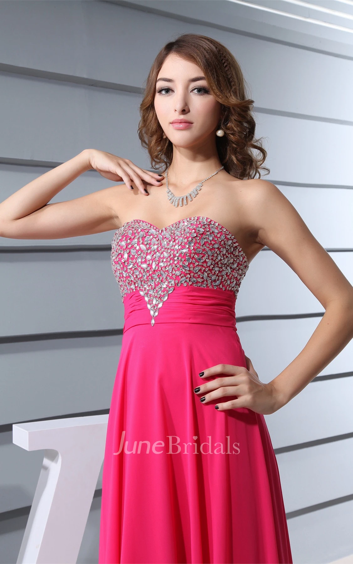 Strapless Pleated Chiffon Long Dress with Jeweled Top