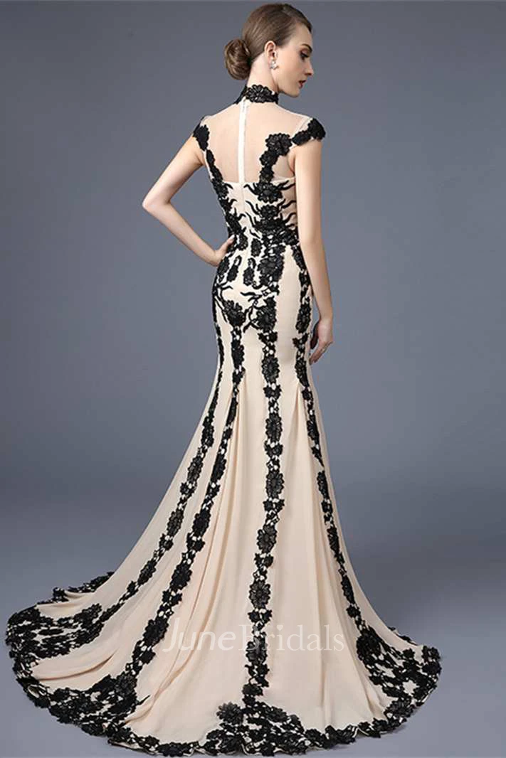 Cap Sleeve High Neck Mermaid Long Lace Dress 