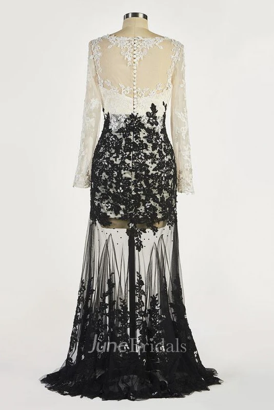 Two Tune Sexy Illusion Long Sleeve Mermaid Gown With Appliques And Beading