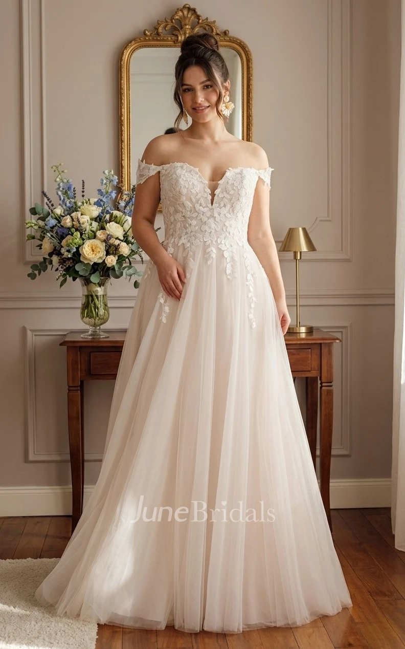Elegant A-Line Off-Shouder Lace Tulle Wedding Dress for Gardening Weddings