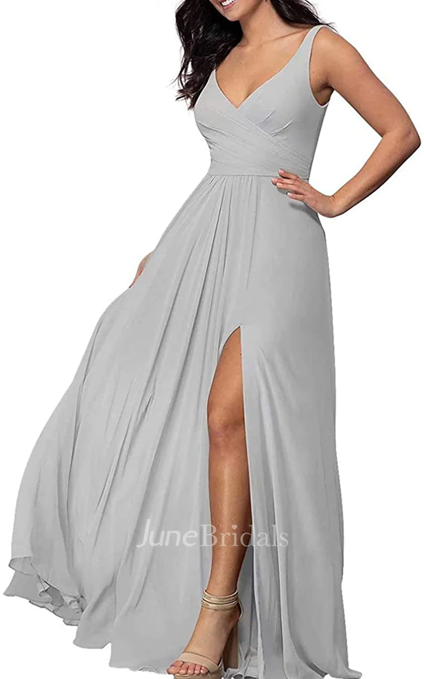 Sexy A Line V-neck Chiffon Sleeveless Bridesmaid Dress