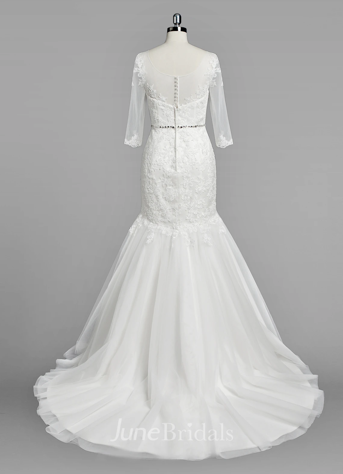 Scoop Neck 3 4 Sleeve Mermaid Lace and Tulle Wedding Dress With Beading