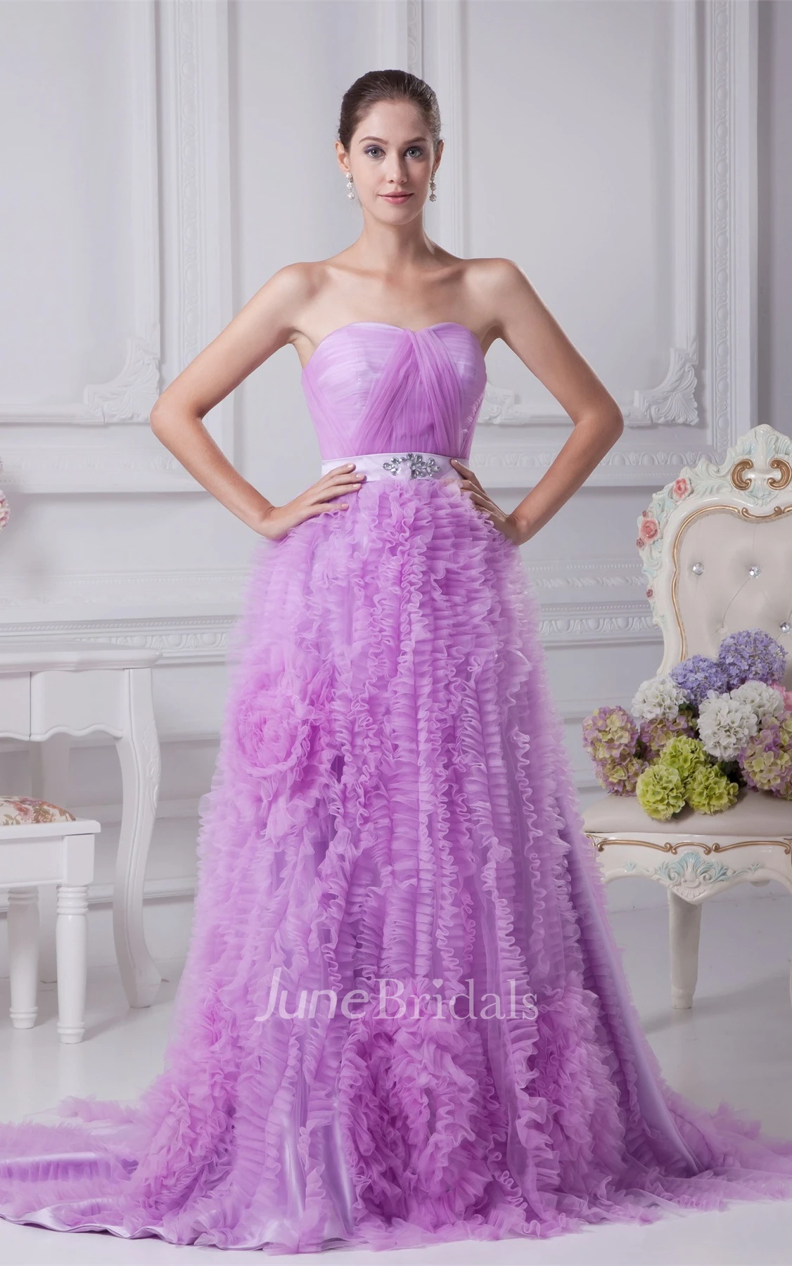 Strapless Ruched A-Line Gown with Ruffles and Broach