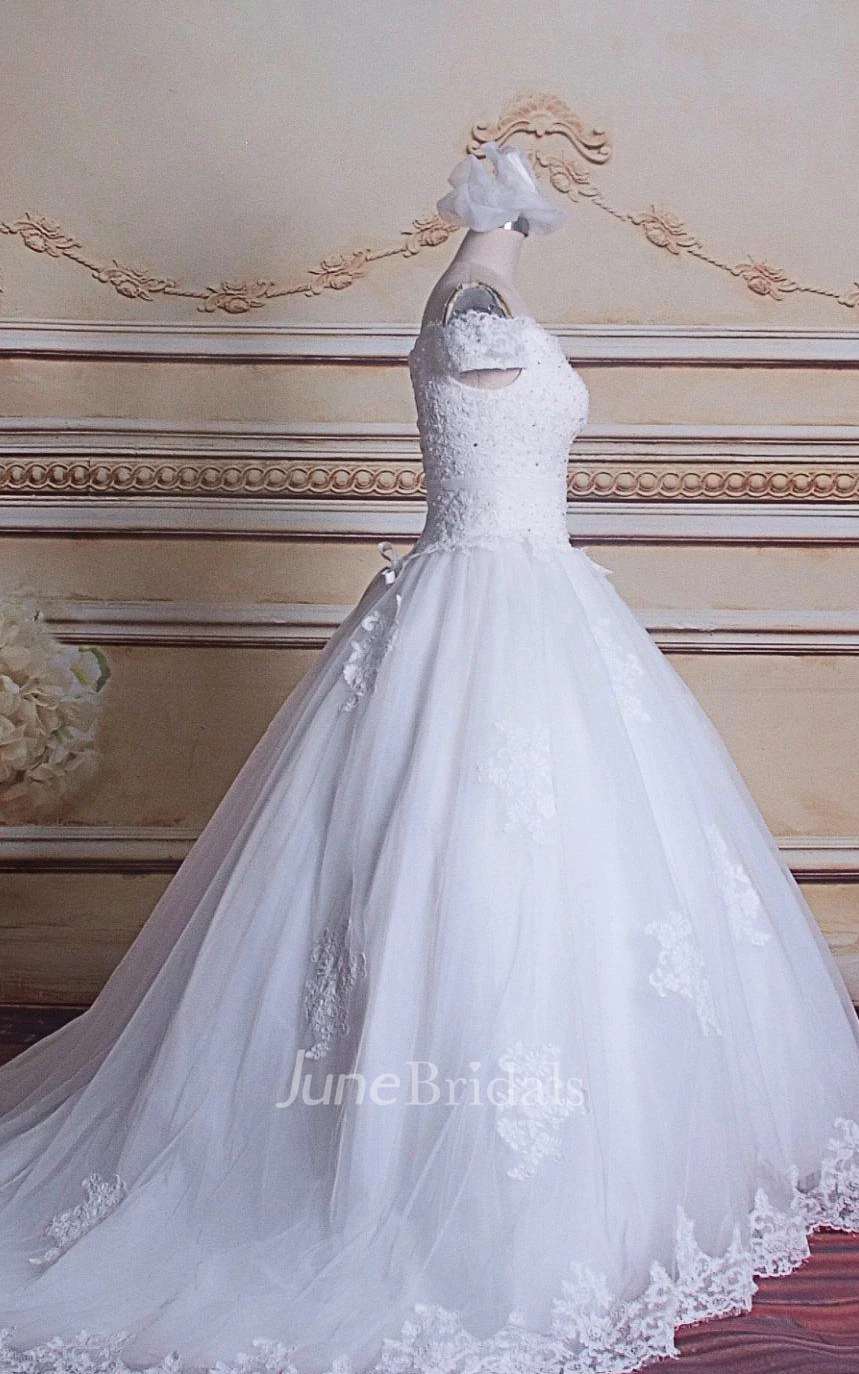 Ball Gown Off-The-Shoulder Tulle Lace Satin Dress With Beading Lace-Up Back