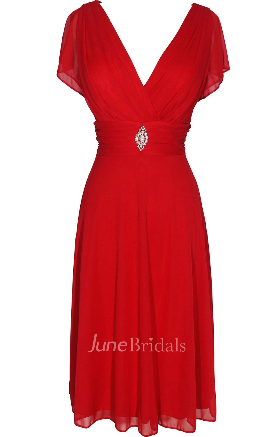 Short Sleeve V-neck Knee-length Chiffon Dress With Beading