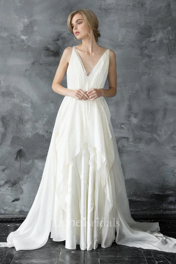 Plunged Sleeveless Chiffon Floor-Length Dress With Pleats And Draping