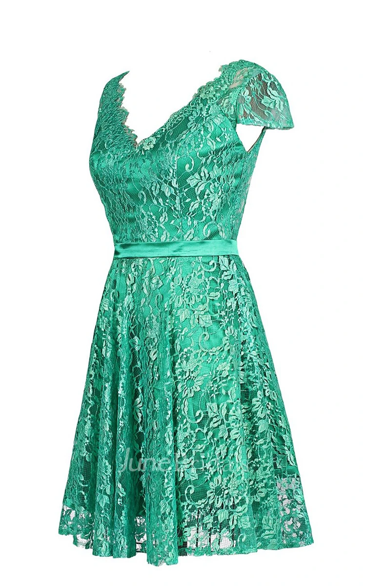 V-neckline A-line Dress With Lace Bodice and Belt