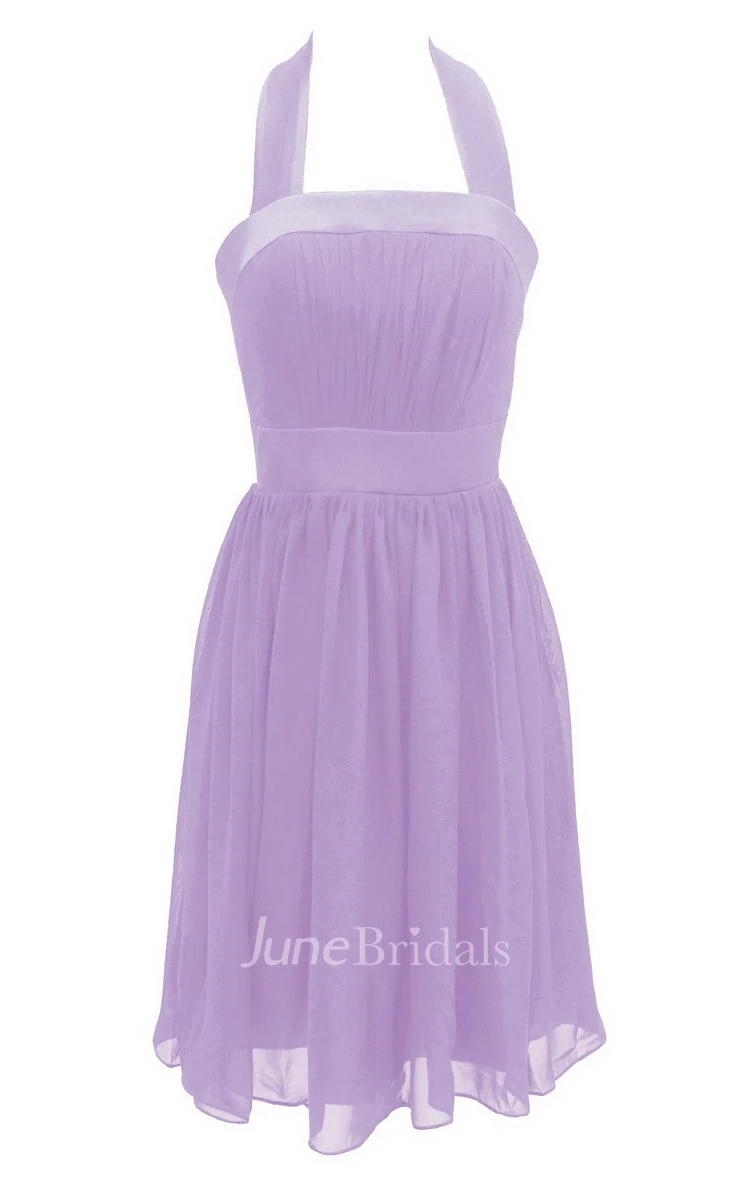 Halter Pleated Chiffon A-line Gown With Satin Band