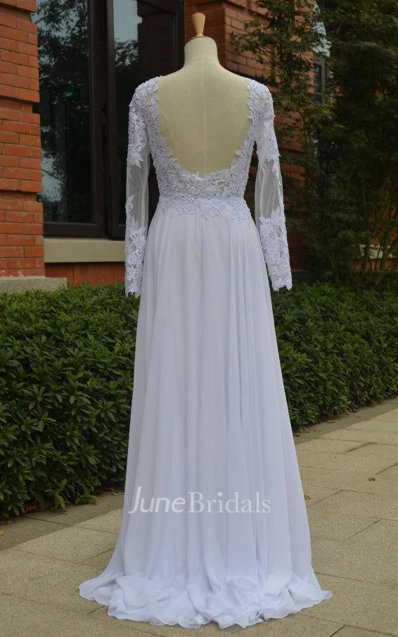 Long Sleeve Backless Chiffon Lace Weddig Dress With Beading