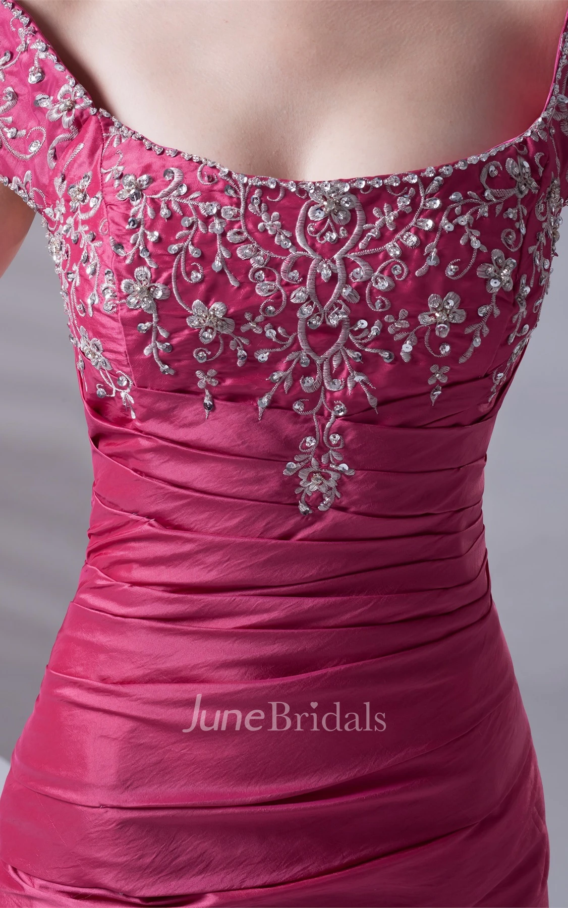 Caped-Sleeve Taffeta Pick-Up A-Line Gown with Embroideries