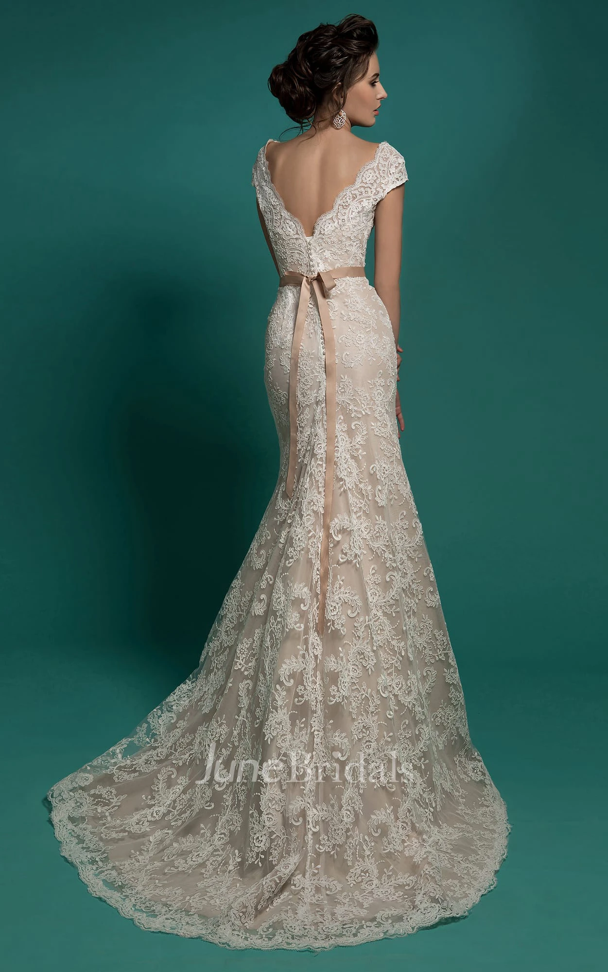 Mermaid Floor-Length V-Neck Cap-Sleeve Zipper Lace Dress With Sash And Detachable Train