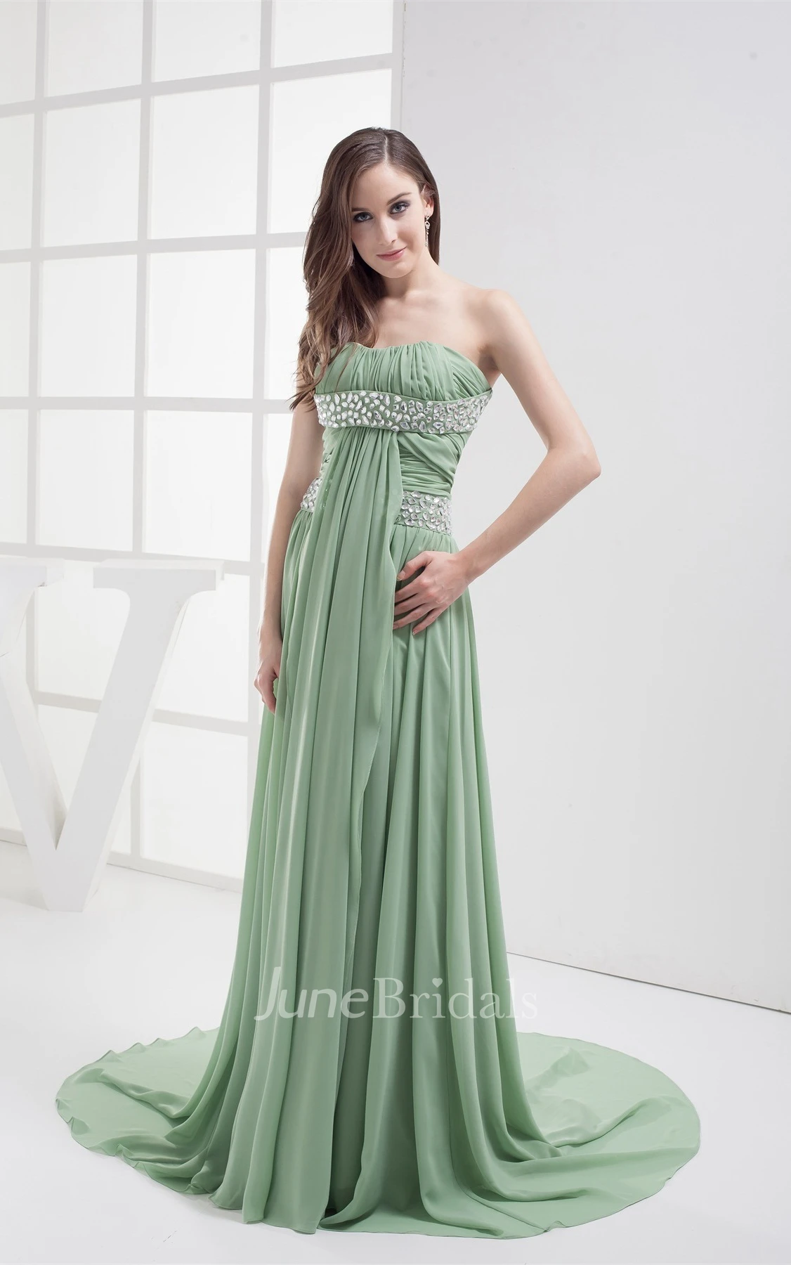 Chiffon Strapless Pleated Maxi Dress with Ruching and Rhinestone