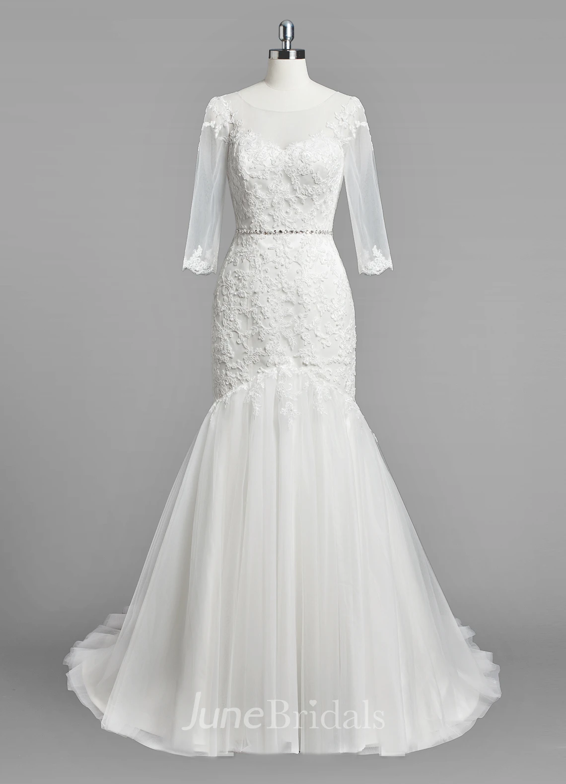Scoop Neck 3 4 Sleeve Mermaid Lace and Tulle Wedding Dress With Beading