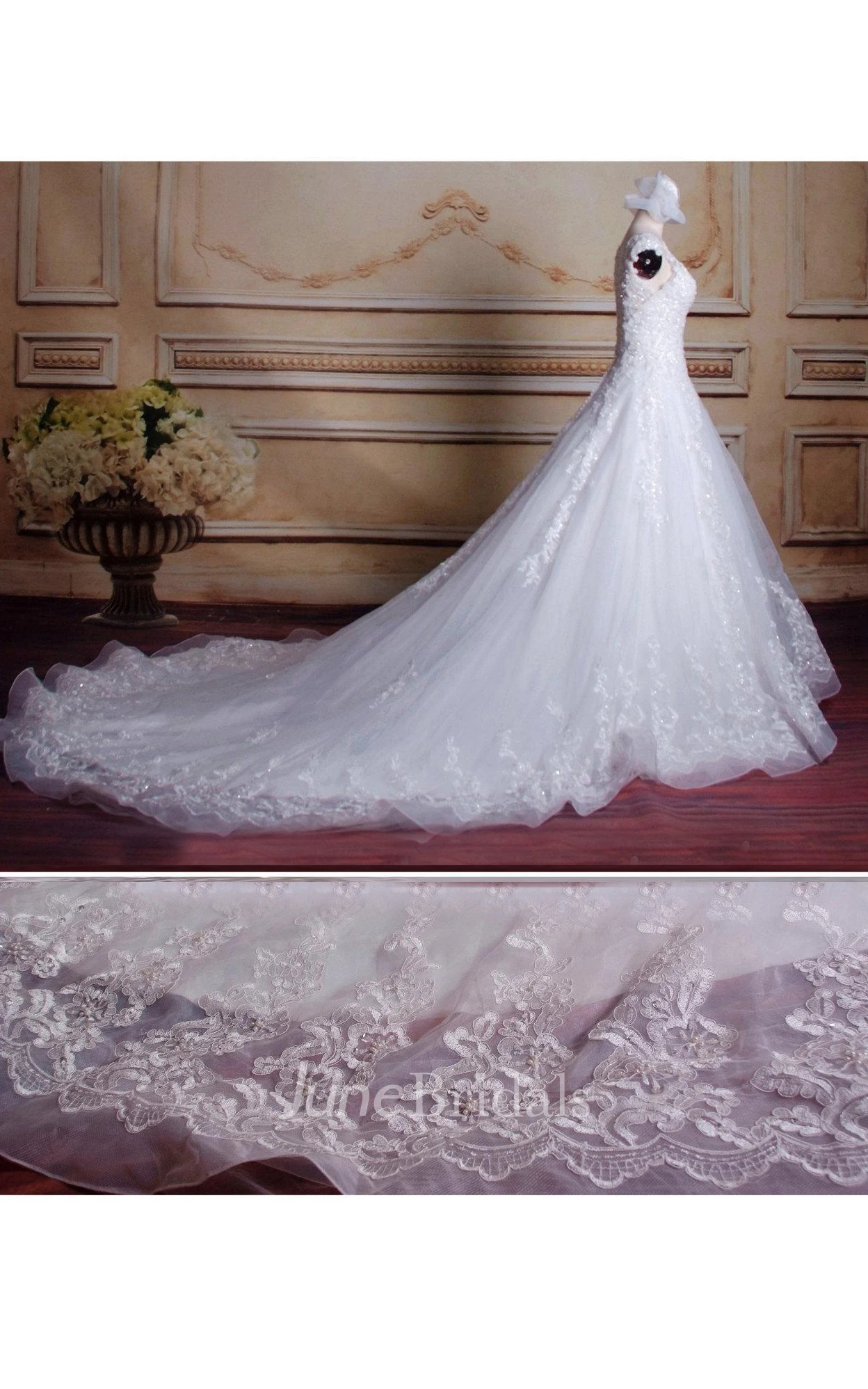 Ball Gown V-Neck Sleeveless Lace Dress With Illusion Back And Court Train