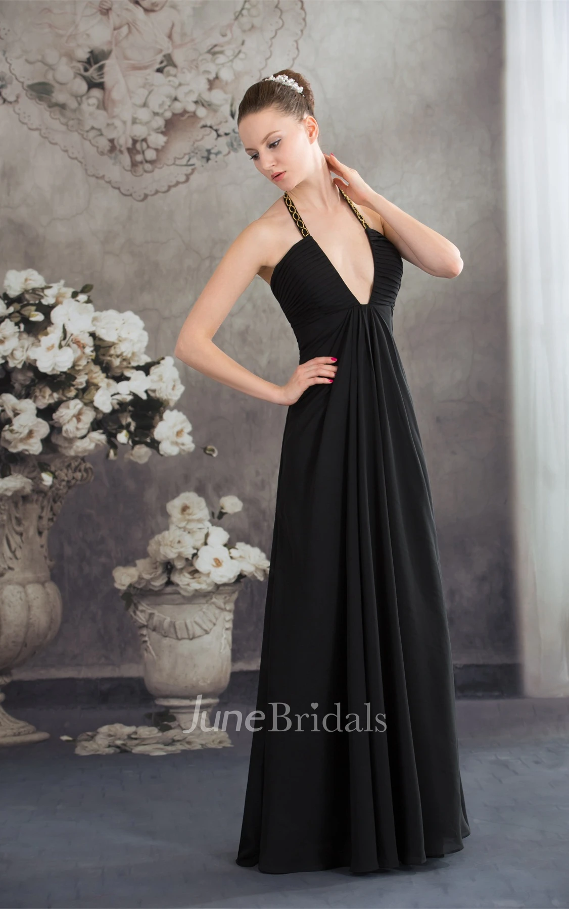 Sexy Sleeveless Deep-V-Neck Ruched A-Line Dress with Zipper Back