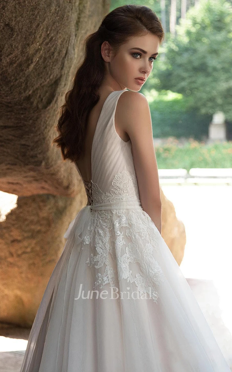A-Line Floor-Length V-Neck Sleeveless Deep-V-Back Tulle Dress With Ruching And Appliques