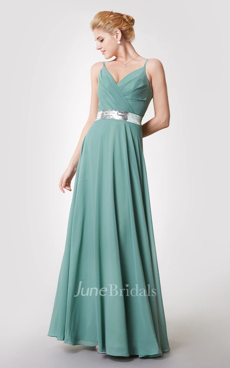 Demure V Neck Ruched Chiffon Gown With Beaded Sash