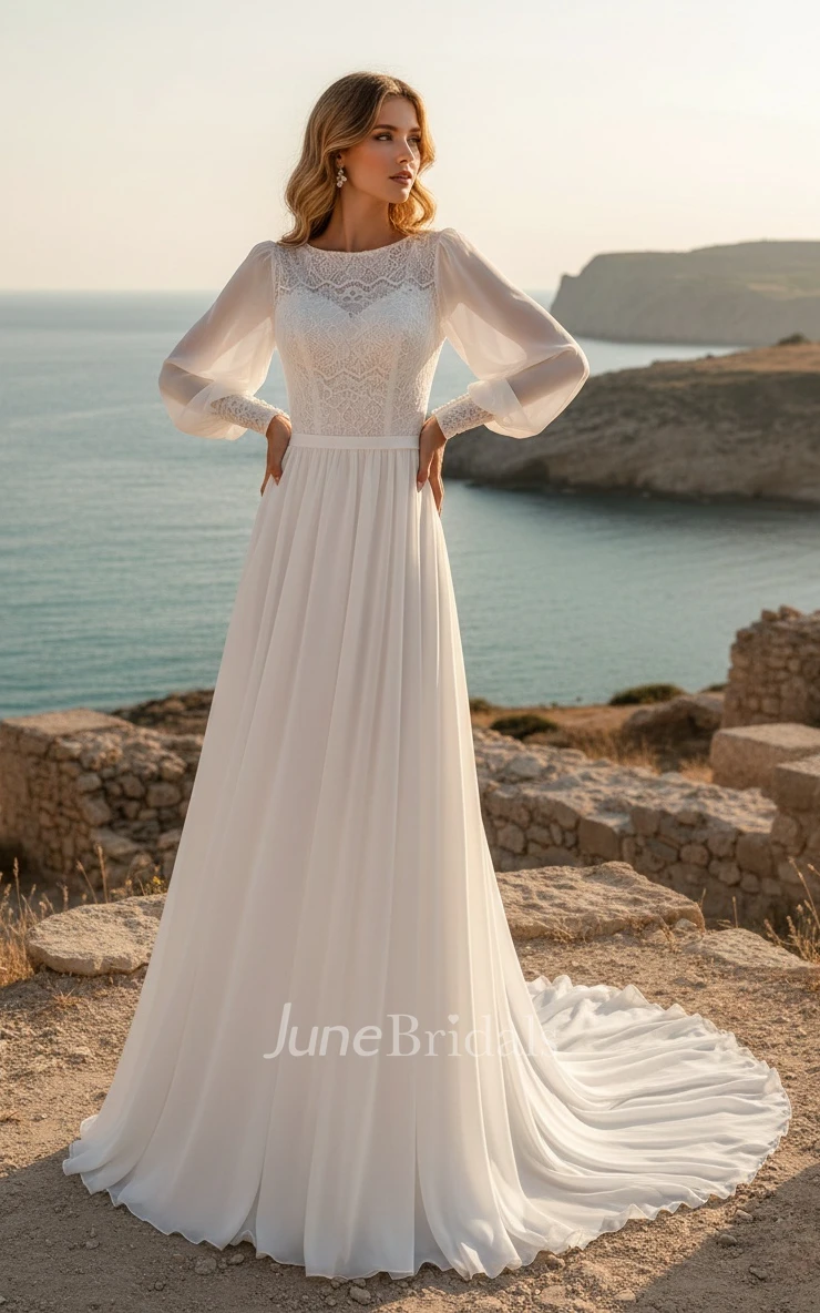 Modest Long Sleeve Casual Rustic A-Line Bateau Neck Winter Wedding Dress Gowns with Train
