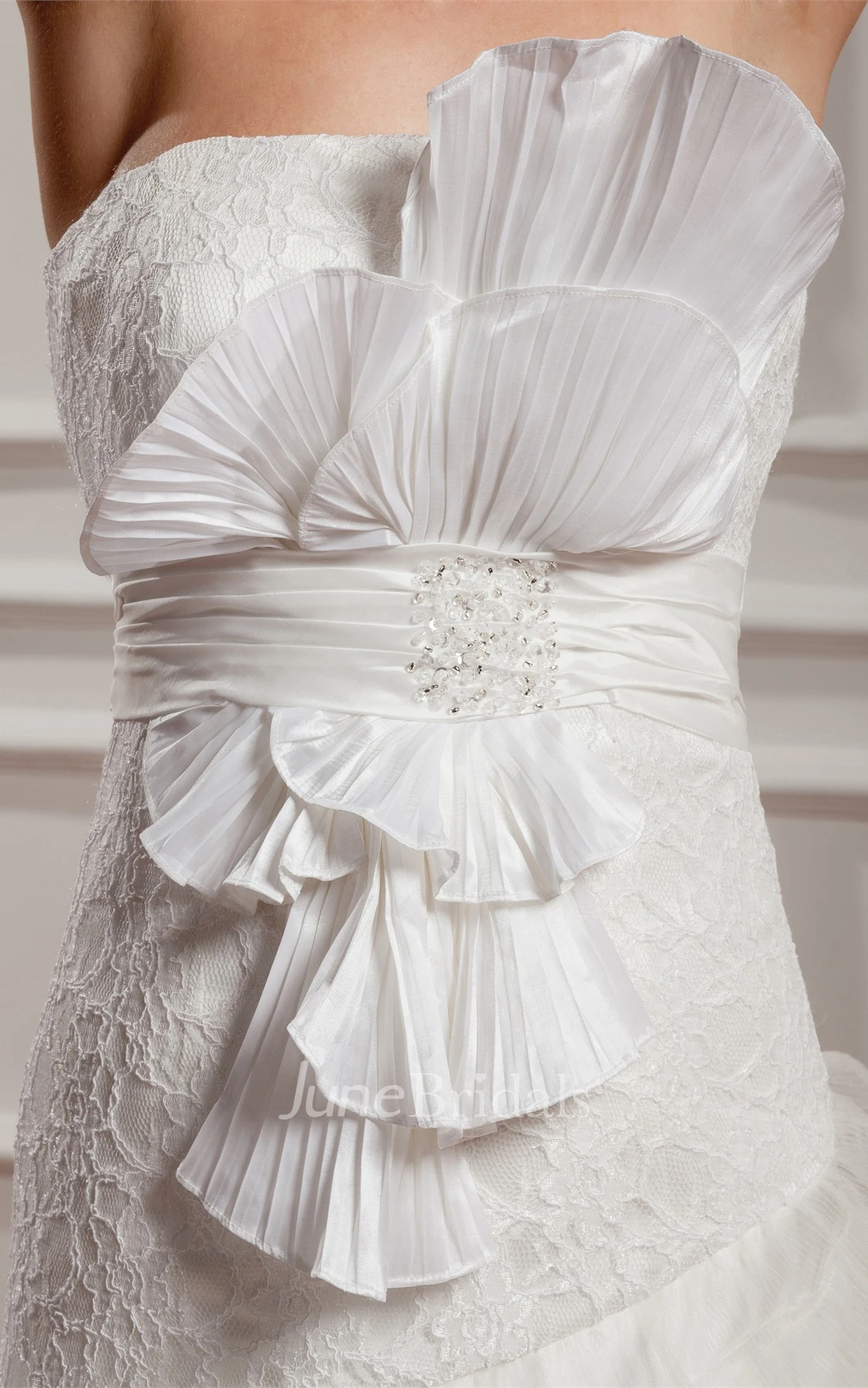Strapless Ruffled A-Line Gown with Bow and Tiers