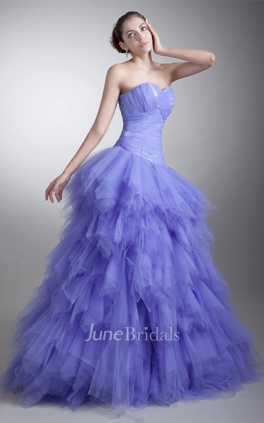 strapless tiered ball a-line criss-cross gown with ruffles