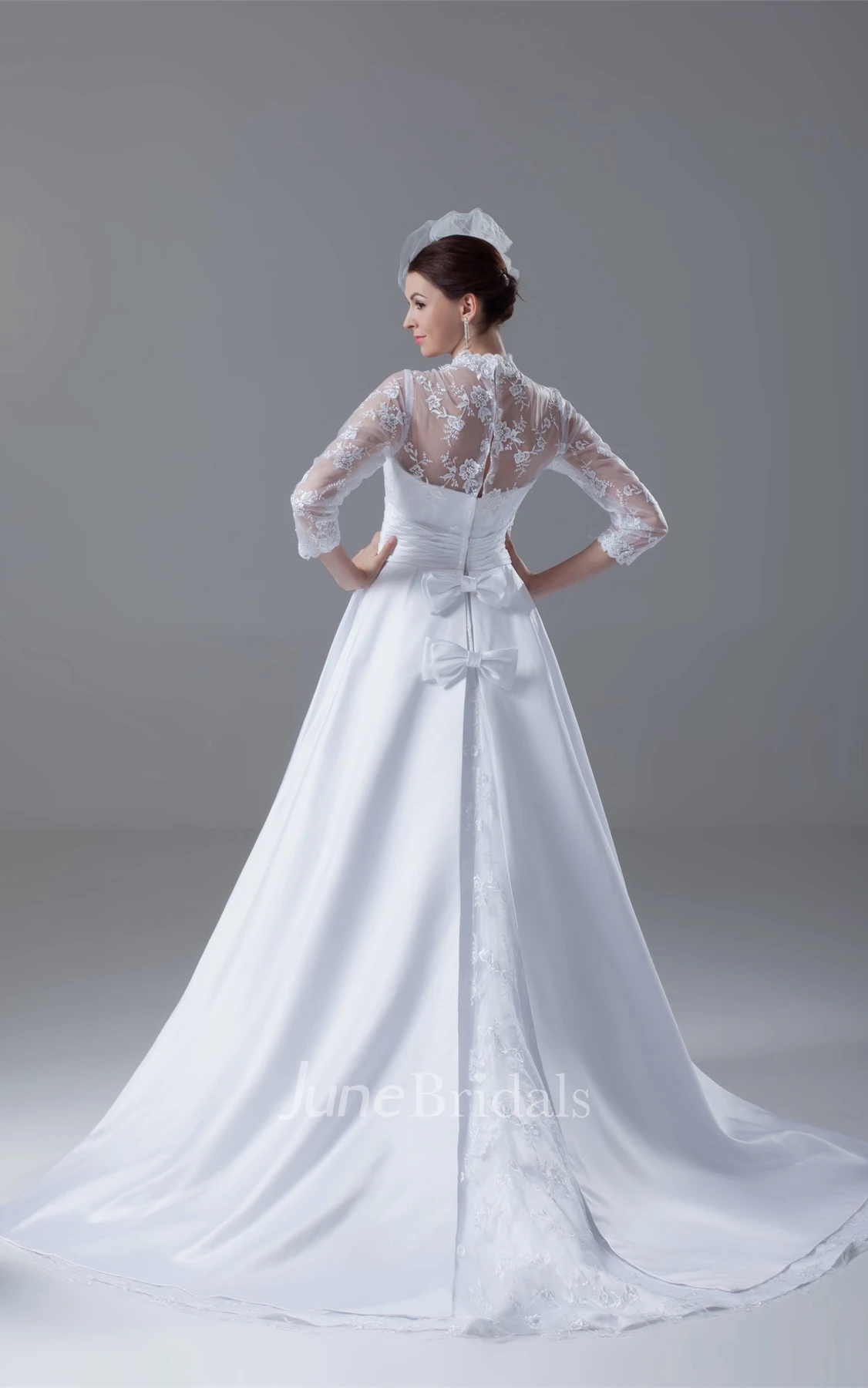 3-4-sleeve a-line lace gown with bow and illusion