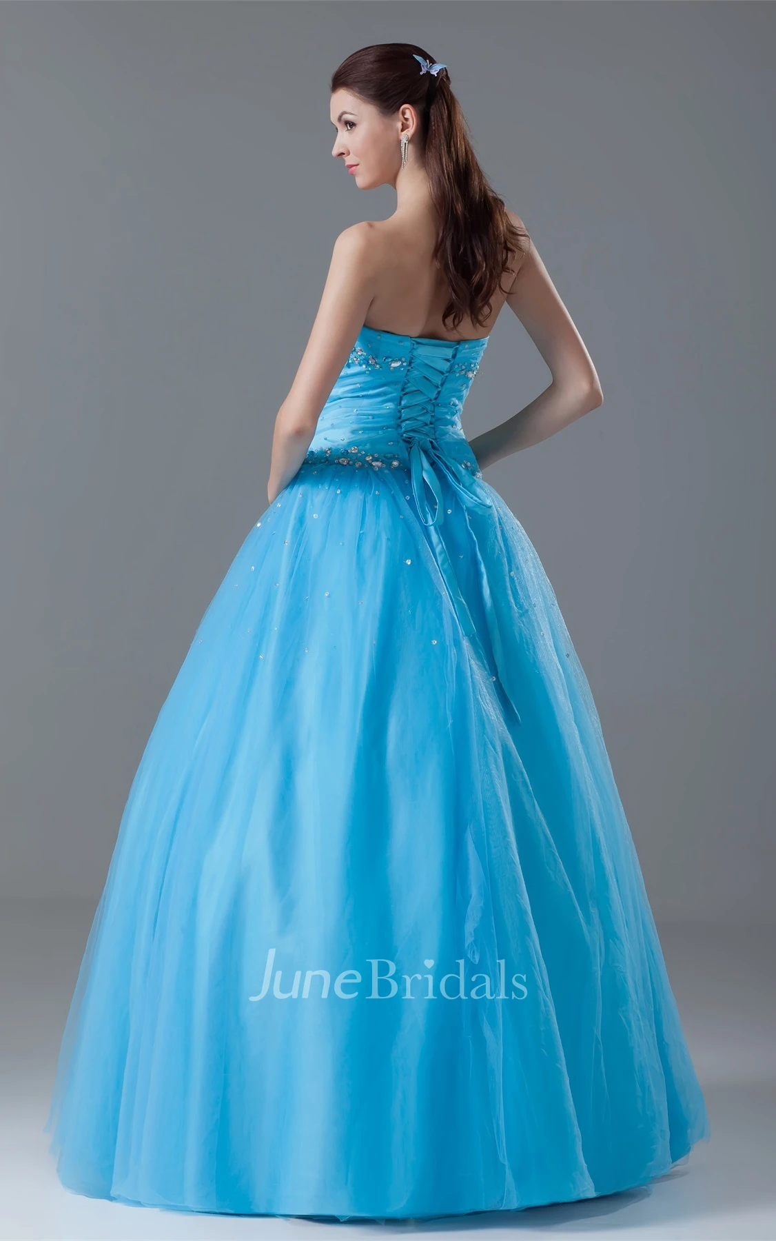 Sweetheart Jeweled Ball Gown with Ruching and Corset Back