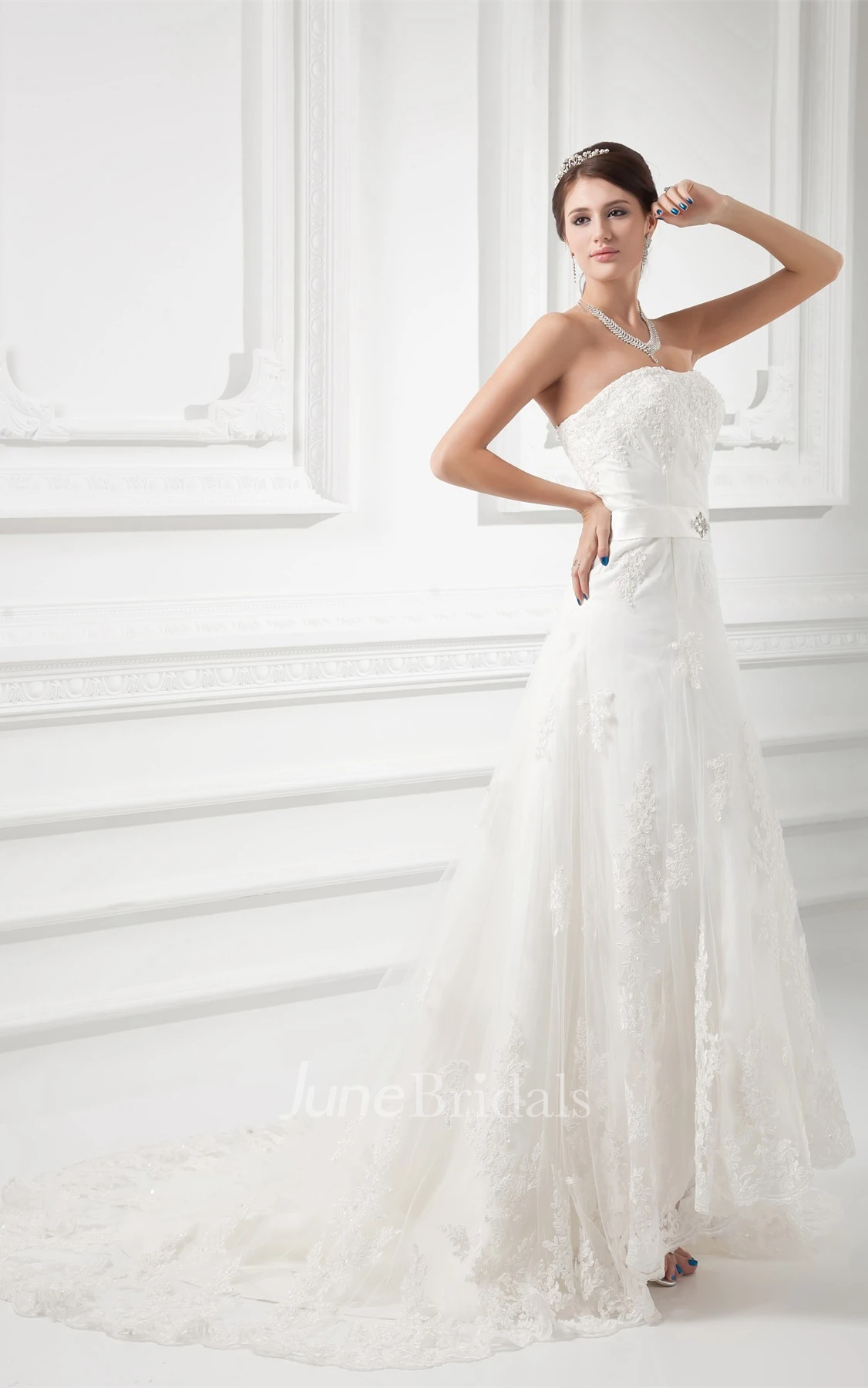 strapless maxi lace dress with court train and broach