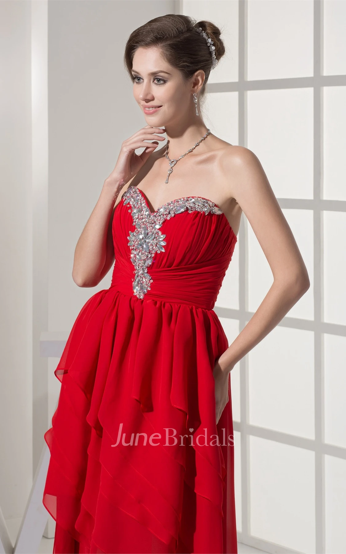 Sweetheart Beaded High-Low Dress with Ruffles and Rhinestone
