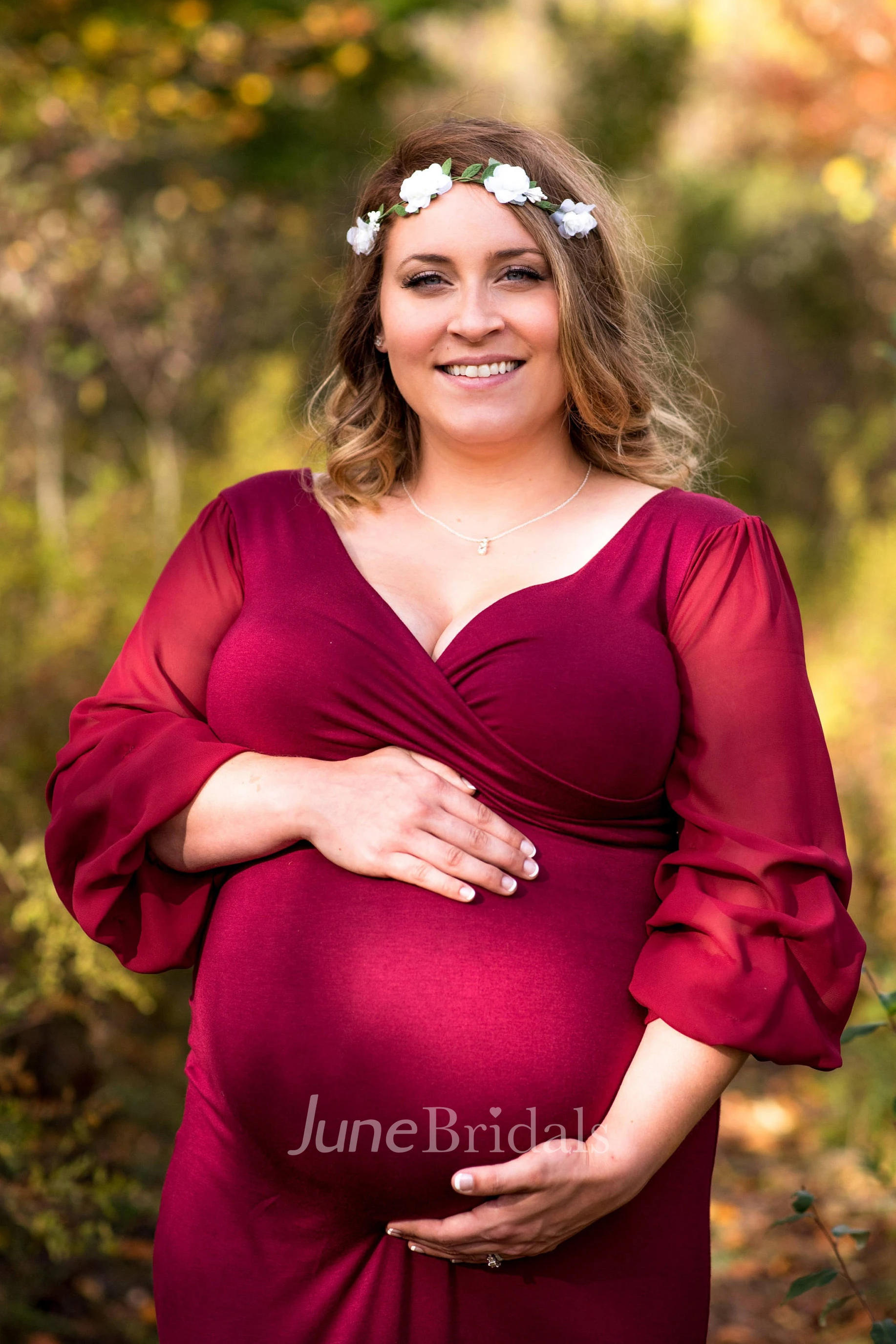 Puff Long Sleeve V-neck Long Jersey Maternity Dress