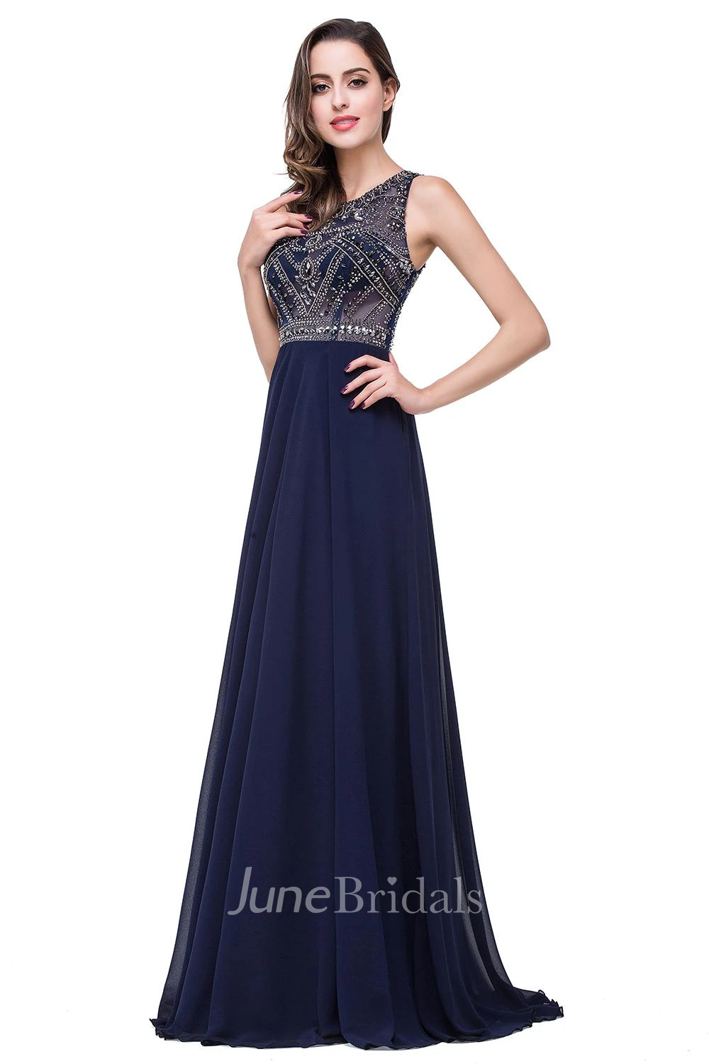 Modern Chiffon A-line Prom Dress Beadings Illusion Zipper