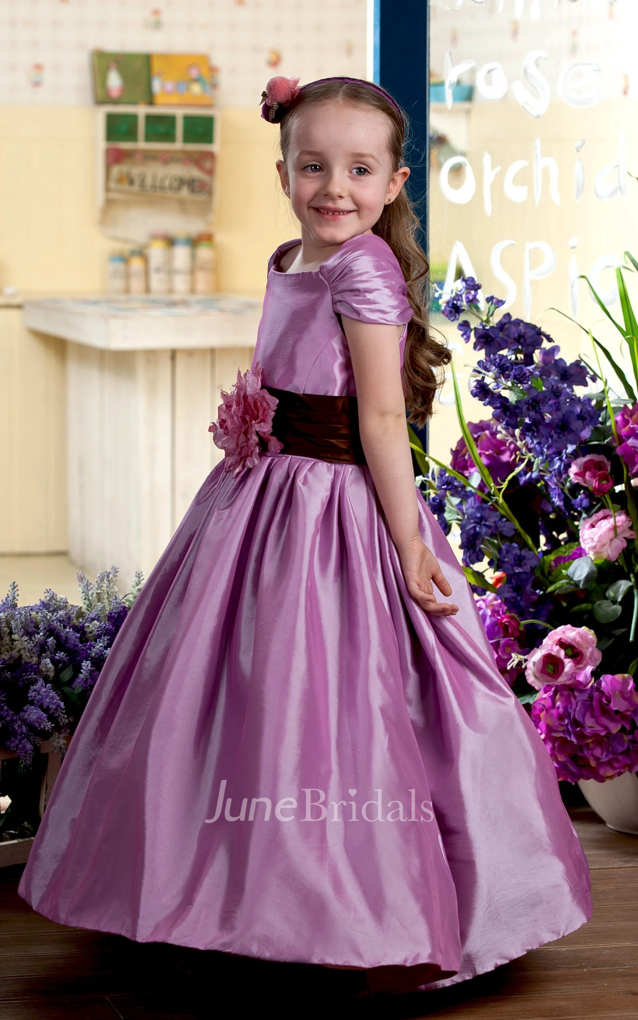 Caped-Sleeve Satin Flower Girl Dress With Flower and Ruched Waist