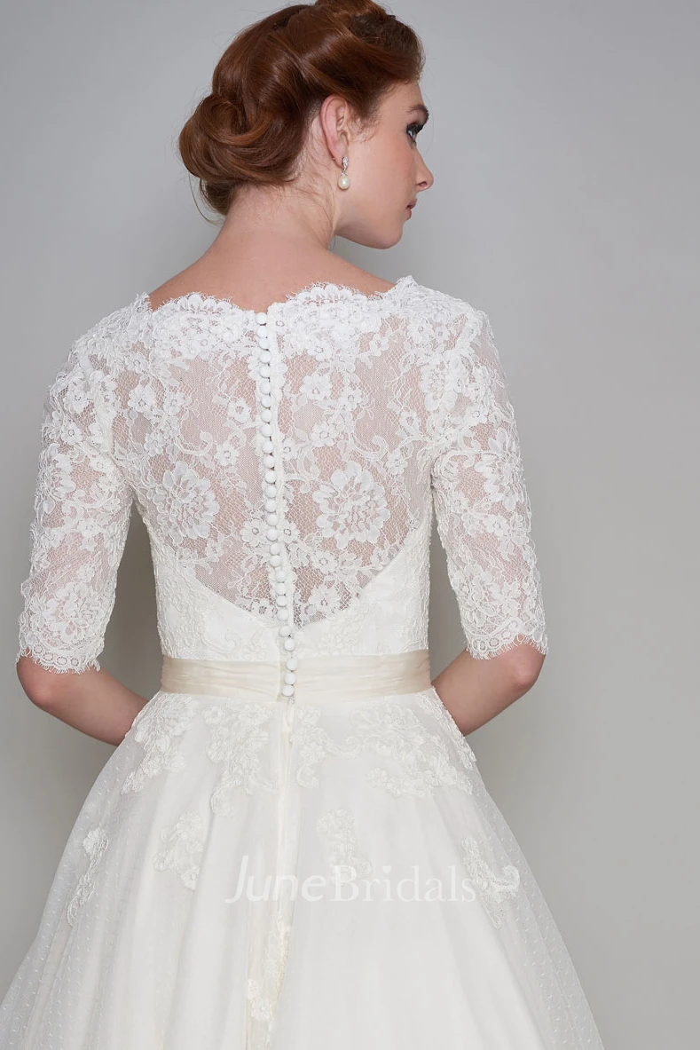 Simple Lace and Organza A-line V-neck Half Sleeve Ankle Length Bridal Gown