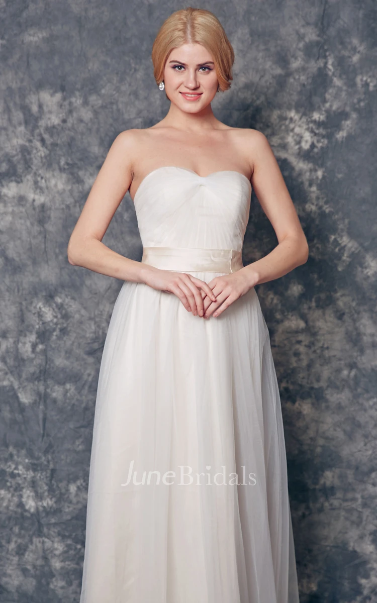 Elegant Strapless A-line Long Tulle Dress With Sash