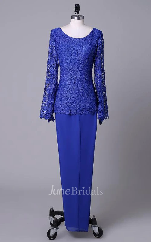 Scoop Neck Long Sleeve Lace And Chiffon Dress